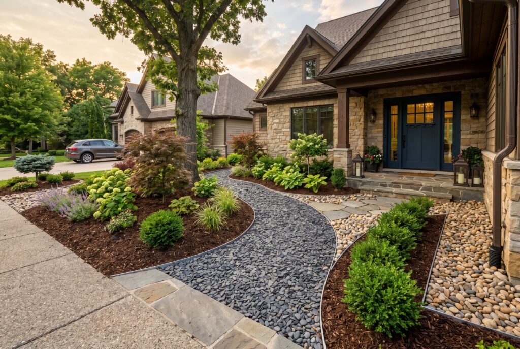 Front yard landscaping with mulch and stone combination separated by clean edging.