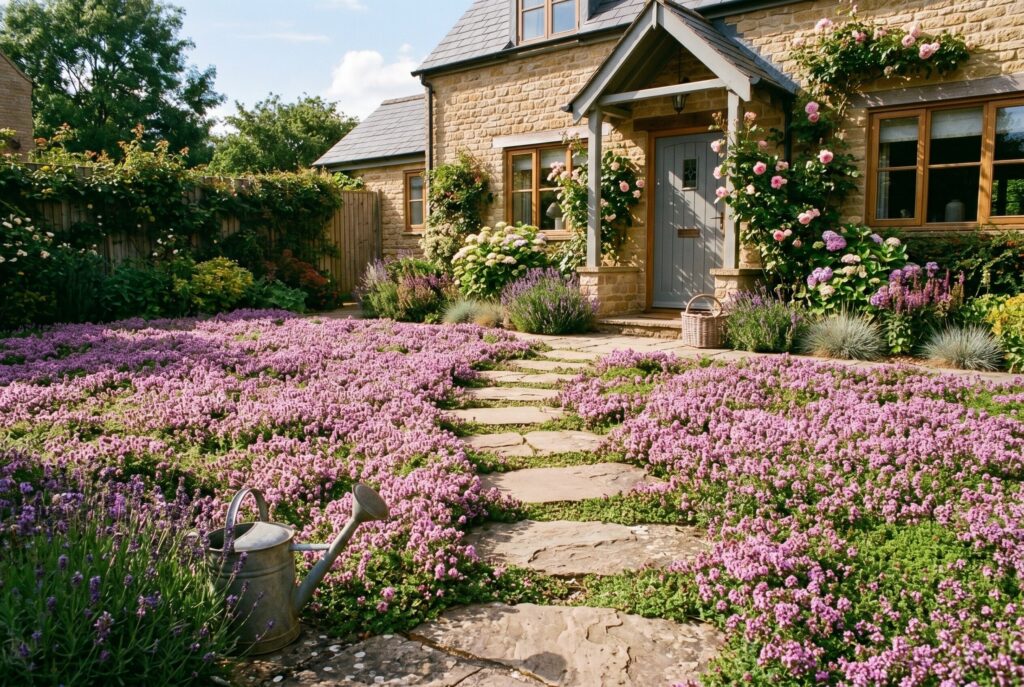 Creeping thyme ground cover lawn with stepping stones and colorful front yard landscaping.