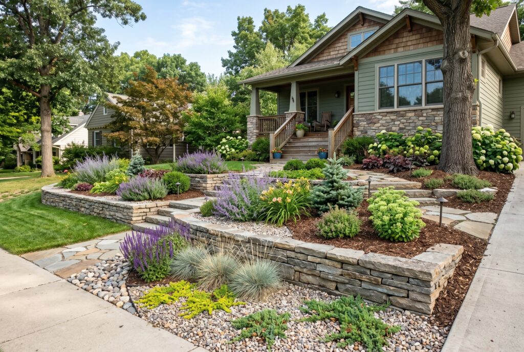 Retaining wall landscaping for sloped front yard with layered planting beds.