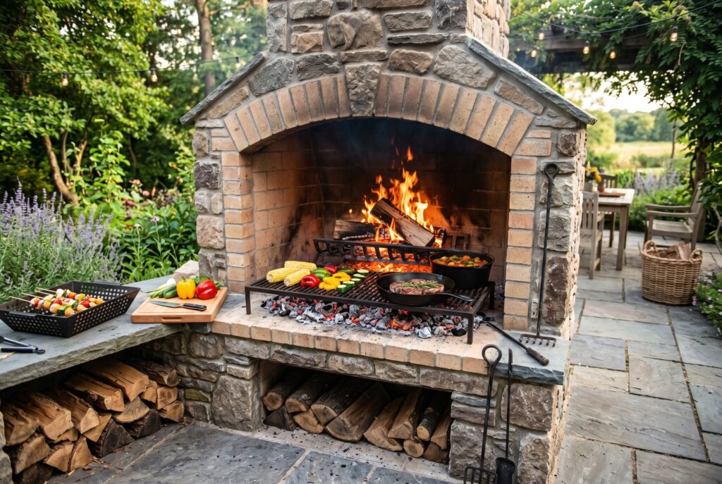 Live fire cooking hearth with stone fireplace, grilling station, and outdoor kitchen setup. 