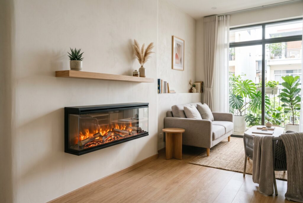 Floating electric fireplace with slim oak mantel and modern small living room decor. 