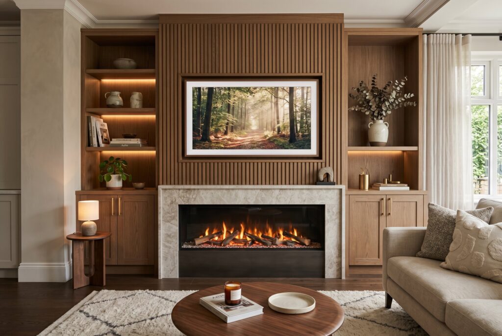 Electric fireplace TV wall with built in shelving and modern fireplace design ideas. 