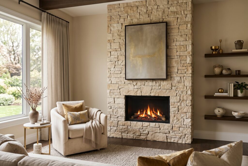 Floor to ceiling stone fireplace feature with electric fireplace and neutral living room. 