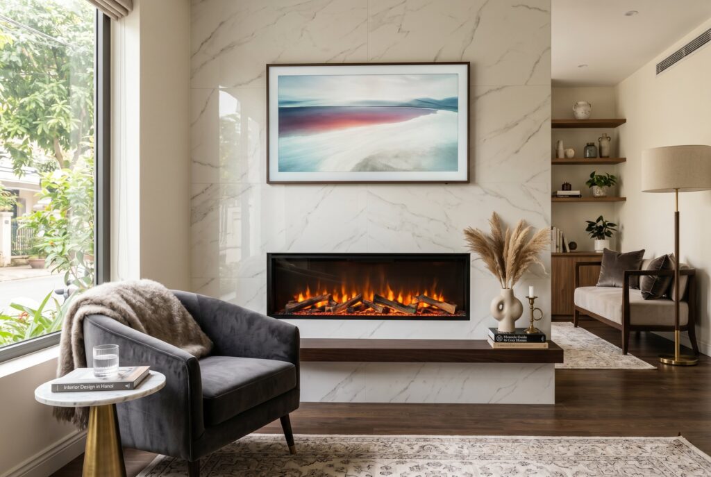 Recessed electric fireplace with tile surround and modern fireplace wall design. 