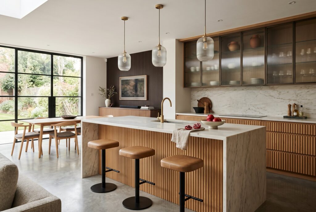 Modern kitchen with fluted wood island, ribbed cabinets, and Art Deco design elements.