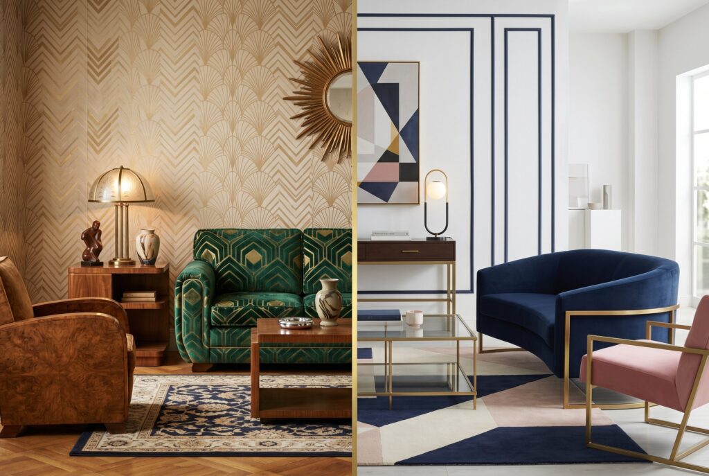 Vintage vs modern Art Deco furniture comparison with velvet sofas and geometric decor. 