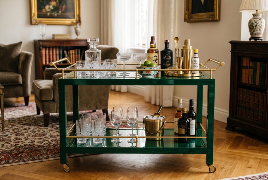 Glossy green Art Deco bar cart with brass details and crystal glassware in living room. 