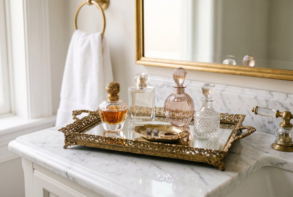 Vintage mirrored vanity tray with perfume bottles and brass bathroom hardware accents.