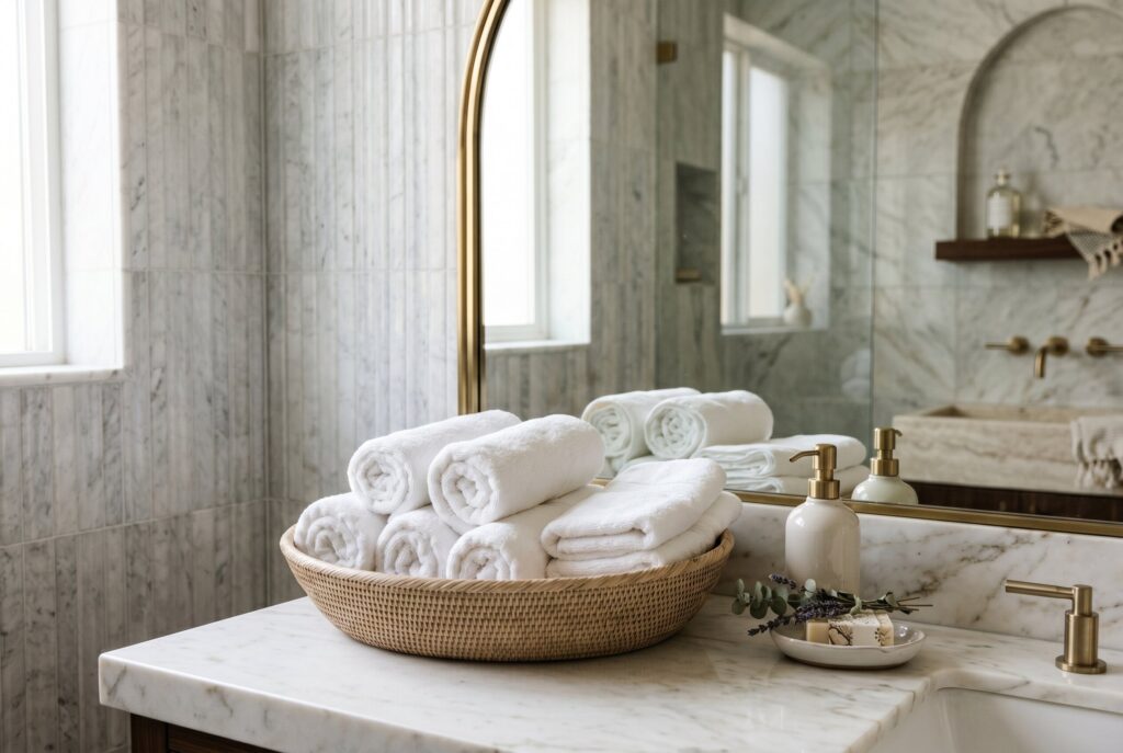 Travertine bathroom counter organizer pedestal with candle and warm neutral vanity decor.
