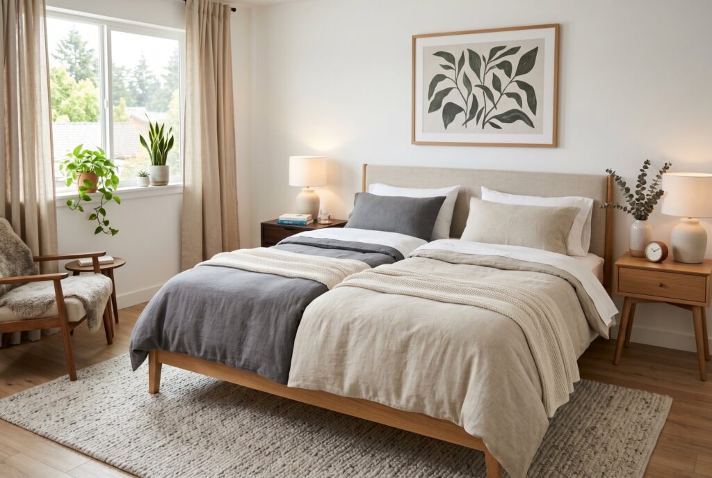 Dual control bedroom lighting with bedside lamps and moody charcoal bedroom walls. 