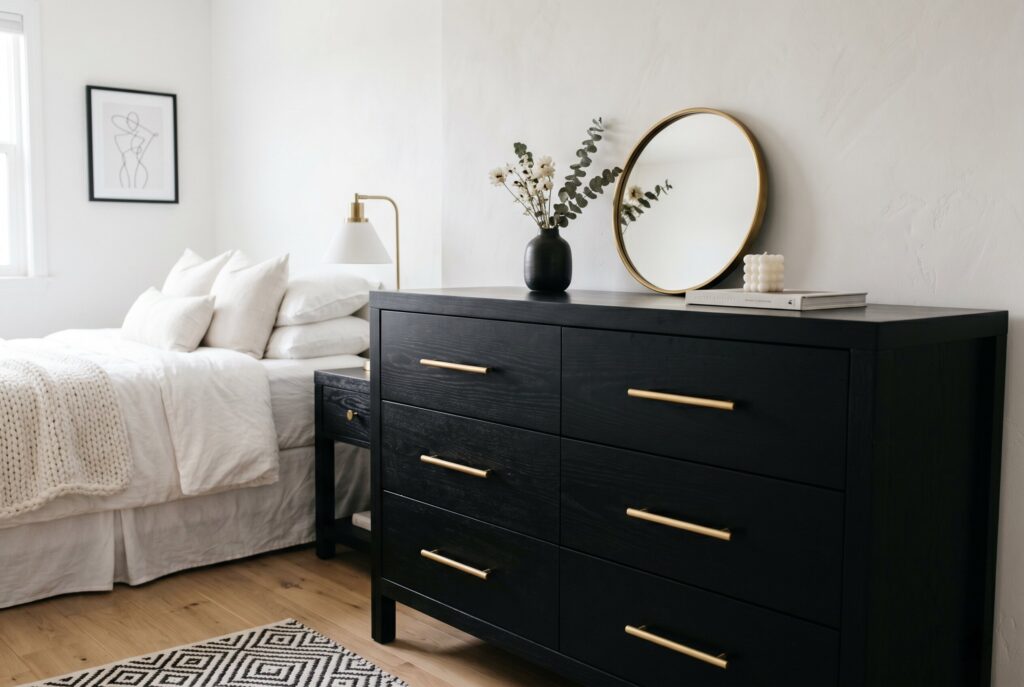 Matte gold drawer pulls on black dresser with soft neutral bedroom decor styling. 