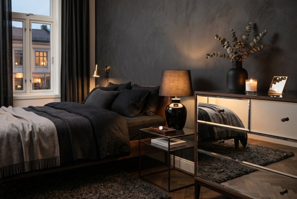 Reflective mirrored nightstand in black bedroom with warm ambient table lamp lighting.