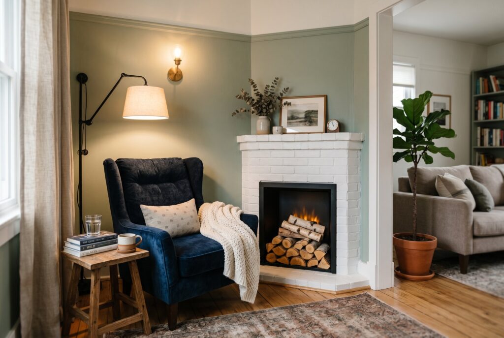 Cozy reading nook beside corner fireplace with accent chair and layered lighting decor. 
