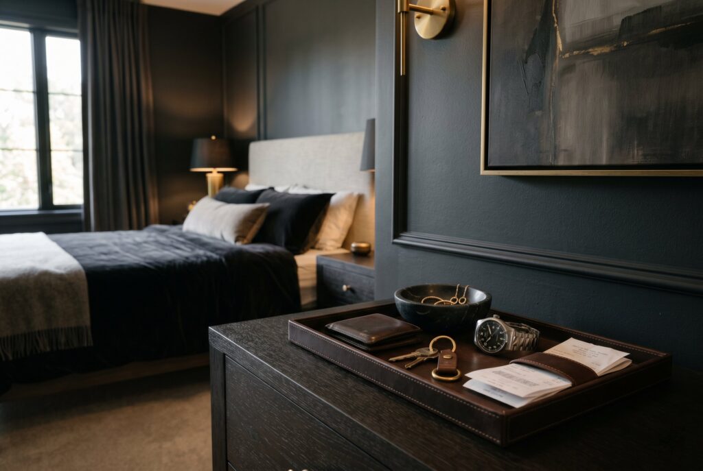 Dark bedroom drop zone with leather tray organizer and luxury dresser styling. 