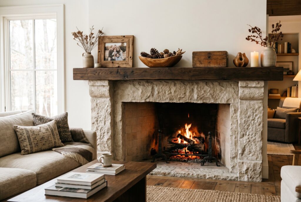 Rustic fireplace mantel decor with warm wood tones and natural stone fireplace ideas. 