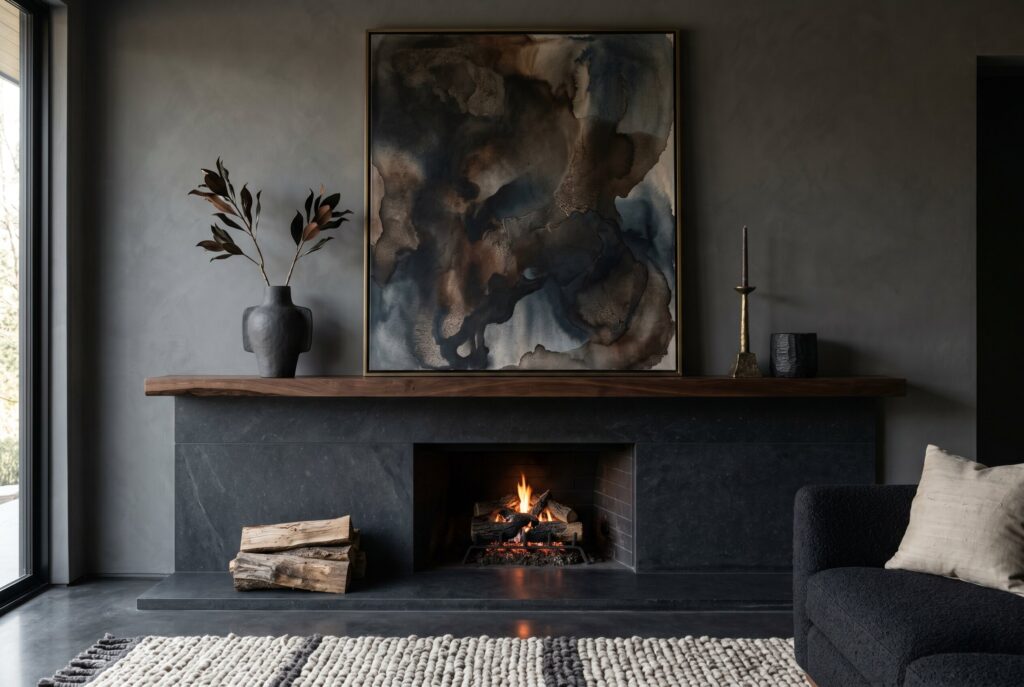 Luxury fireplace mantel ideas with moody abstract artwork and minimalist fireplace decor. 