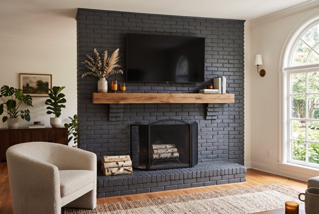 Painted black brick fireplace ideas with TV and modern fireplace mantel decor.