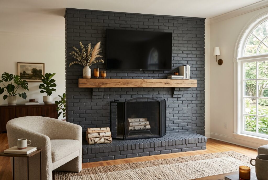Painted black brick fireplace ideas with TV and modern fireplace mantel decor.