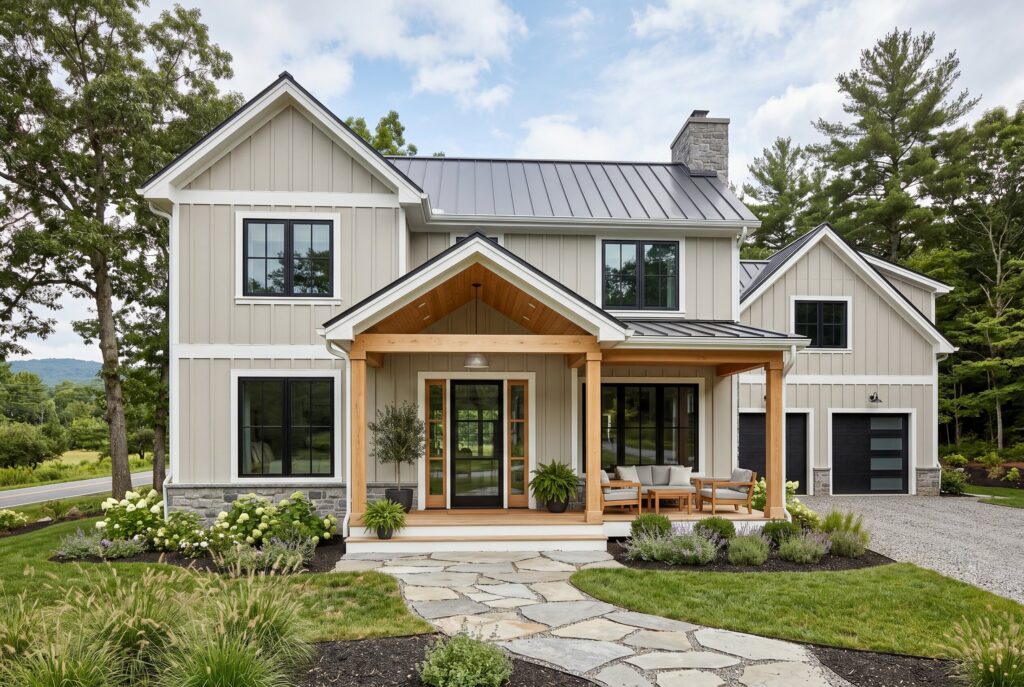 Soft greige contemporary farmhouse exterior with black windows and wood porch ceiling.