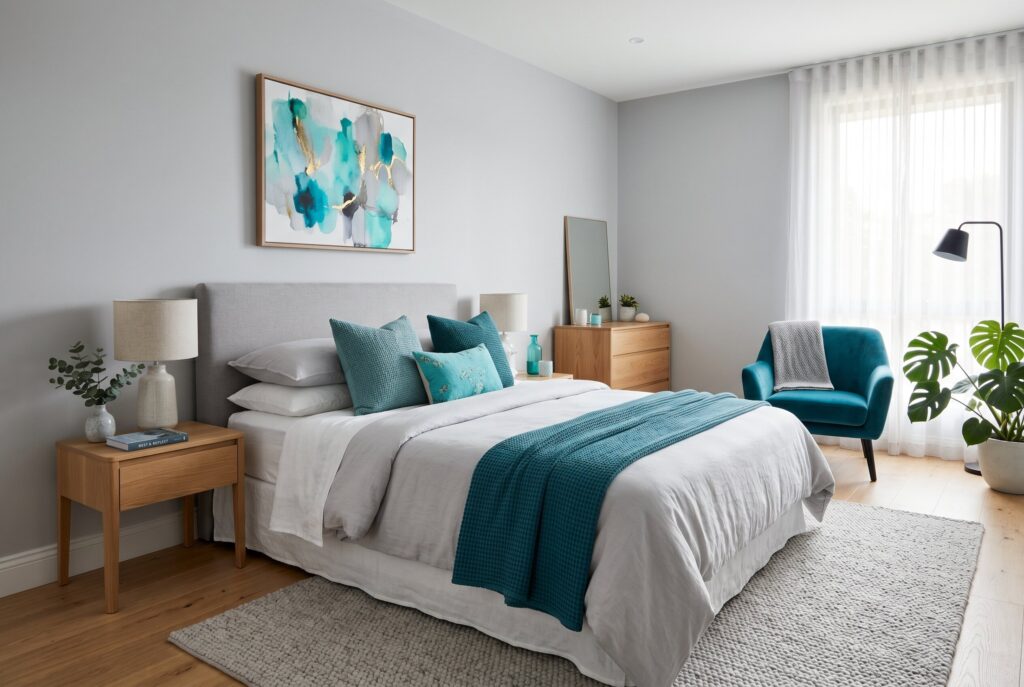 Teal accents in cool gray bedroom with turquoise chair and modern neutral bedding. 