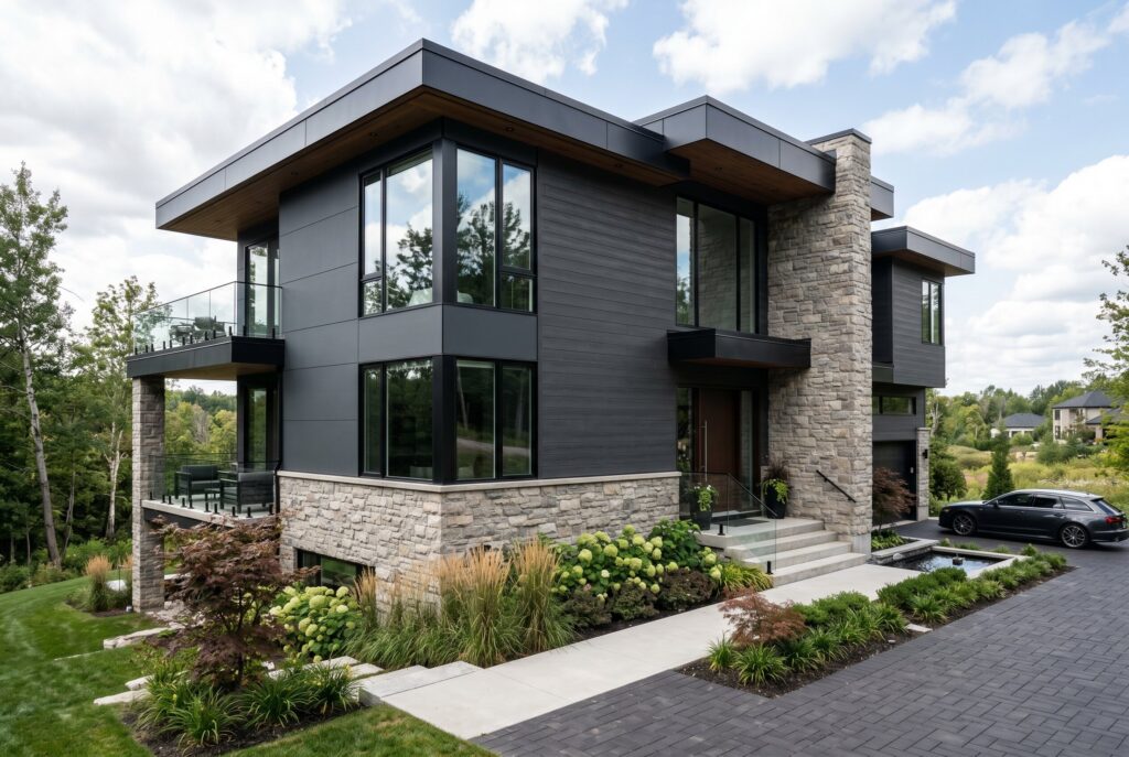 Deep graphite exterior house with stone veneer and luxury modern curb appeal.