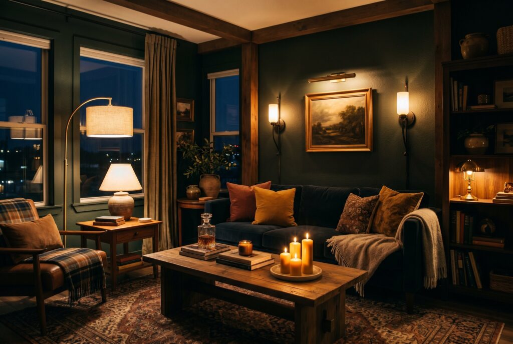 Moody dark academia lighting with brass sconces, candles, and layered warm glow. 