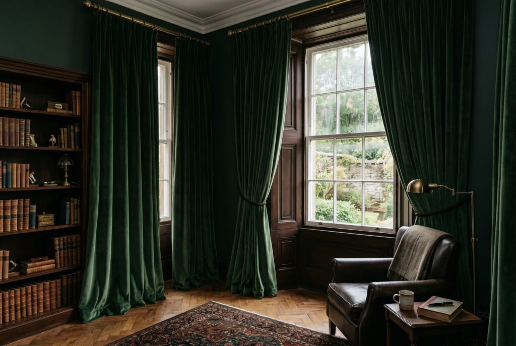 Dramatic velvet drapes in forest green with leather chair and dark academia styling. 