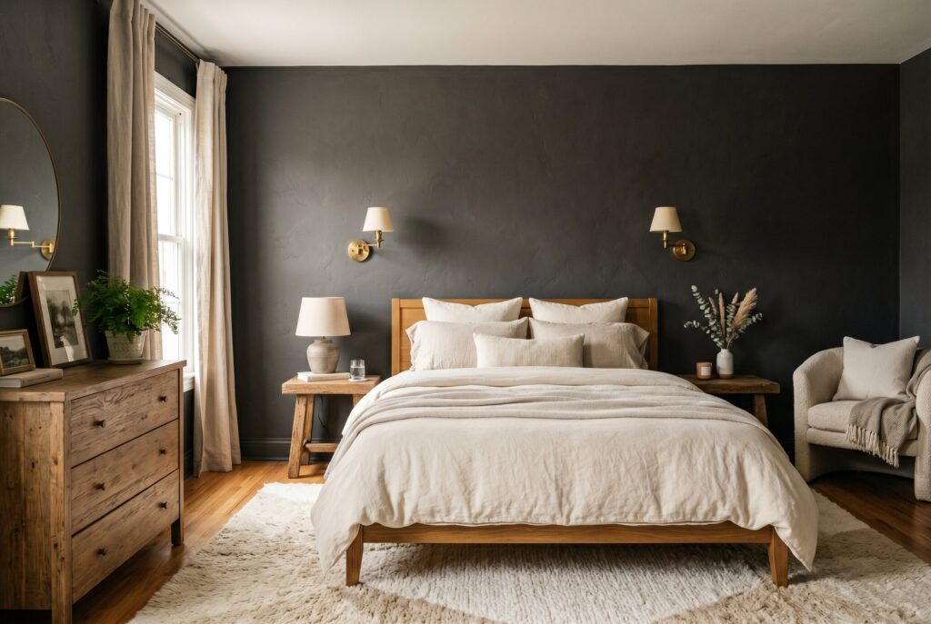 Charcoal bedroom walls with rustic wood dresser, cream bedding, and cozy neutral rug.