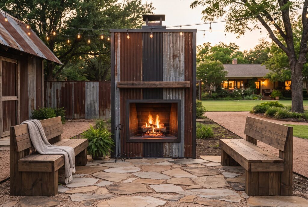 Corrugated metal diy fireplace with rustic outdoor seating and farmhouse patio style.