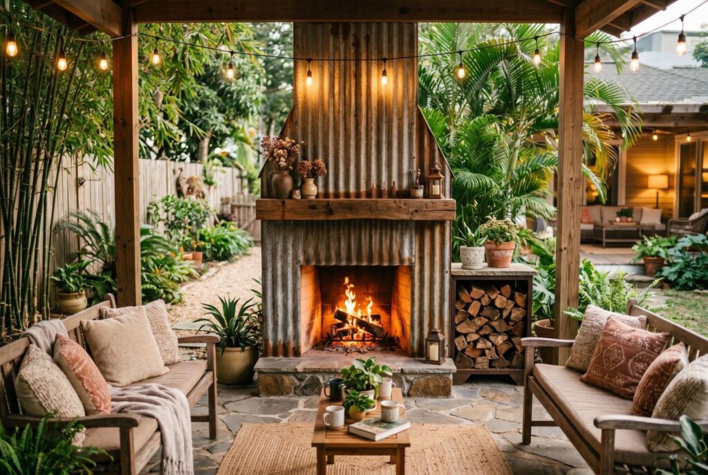 Corrugated metal diy fireplace with rustic outdoor seating and farmhouse patio style.