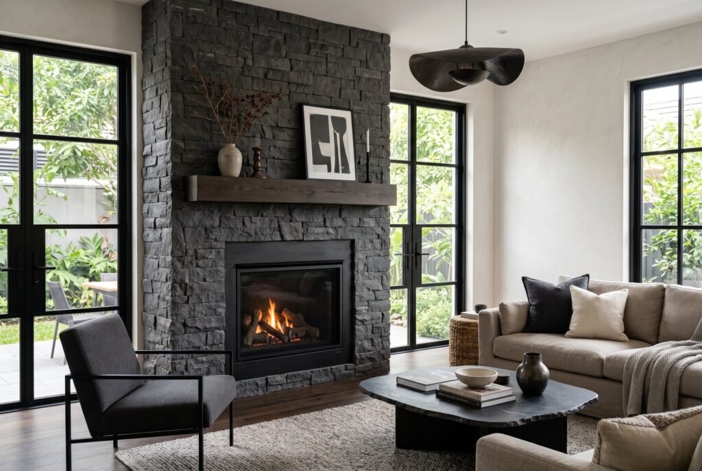 DIY painted brick fireplace makeover with exposed brick texture and rustic mantel styling. 