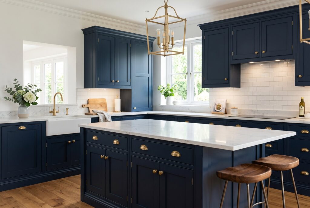 Luxurious navy blue kitchen with white marble island, brass hardware, and farmhouse sink
