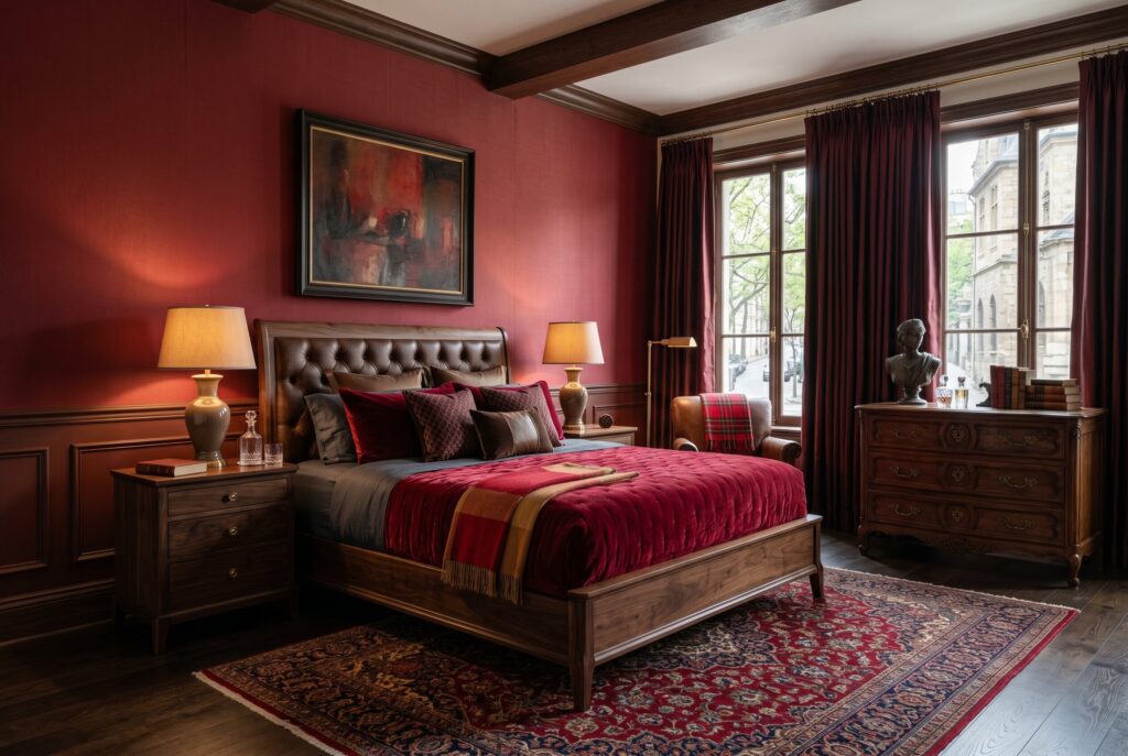 Dark walnut bedroom furniture with red walls and luxury traditional bedroom styling. 