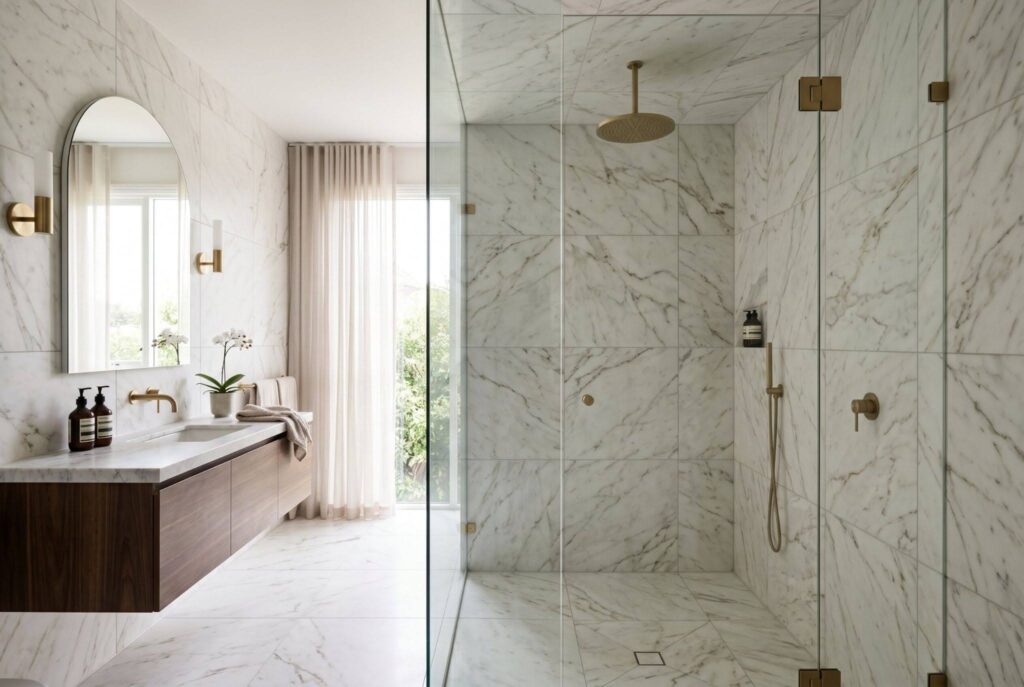 Small bathroom storage ideas with recessed shelves and vertical storage above toilet. 
