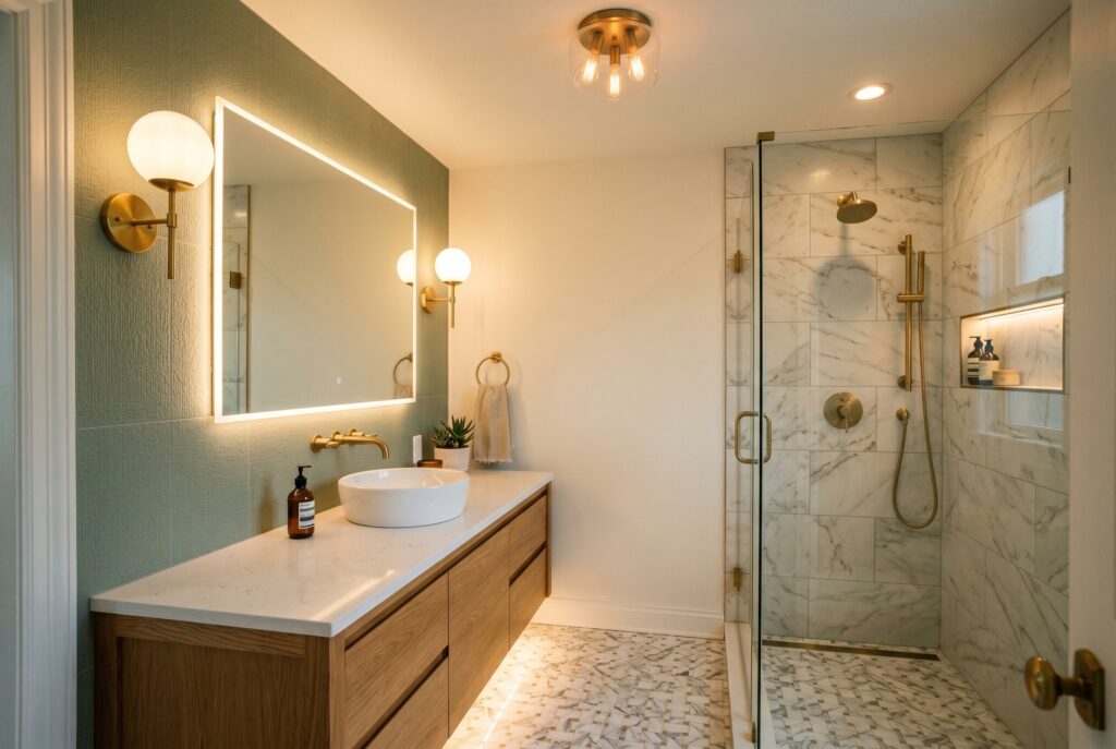 Layered bathroom lighting ideas with sconces and illuminated vanity mirror design. 
