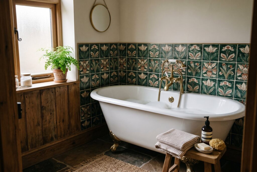 Small bathroom tile trends for 2026 with vintage green wall tile and freestanding bathtub. 