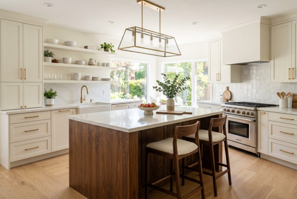 Walnut kitchen island paired with cream perimeter cabinets and gold pendant lighting.