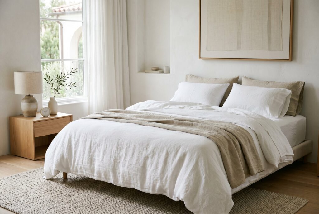Cozy white bedroom with layered linen bedding and warm luxury minimalist decor.