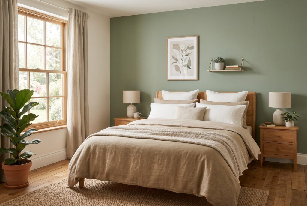Mint green bedroom ideas with light oak furniture and Scandinavian inspired decor.