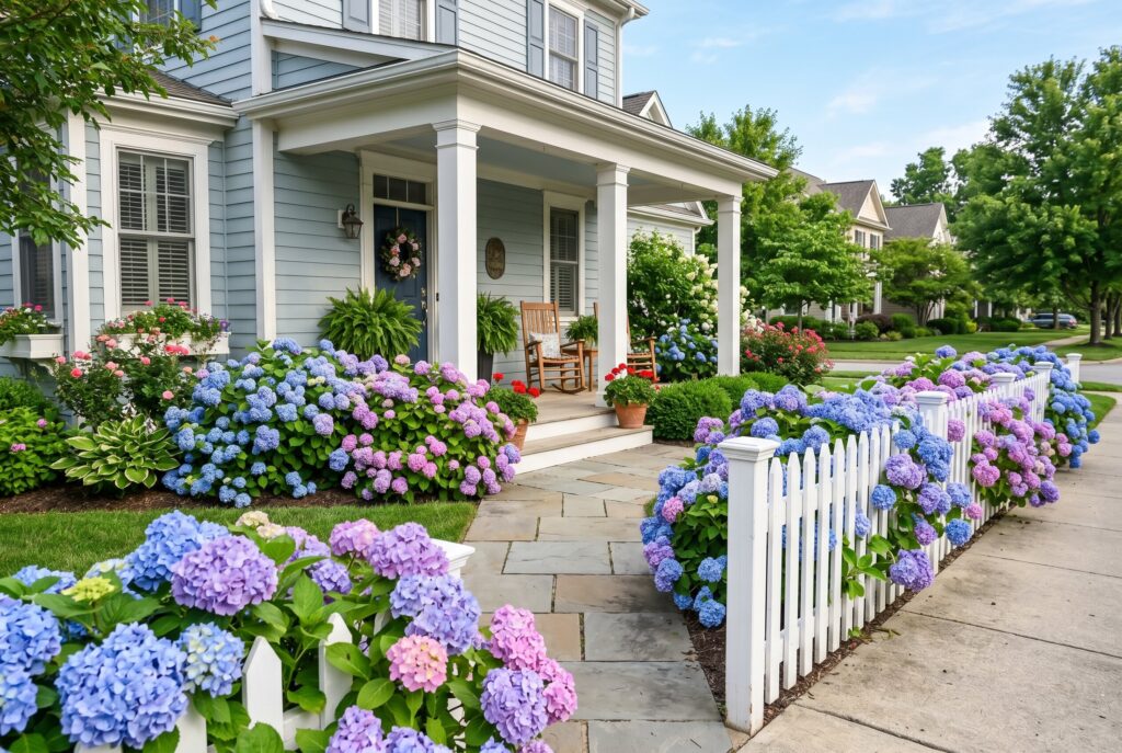 Hydrangea bushes along front walkway with cottage style curb appeal landscaping.