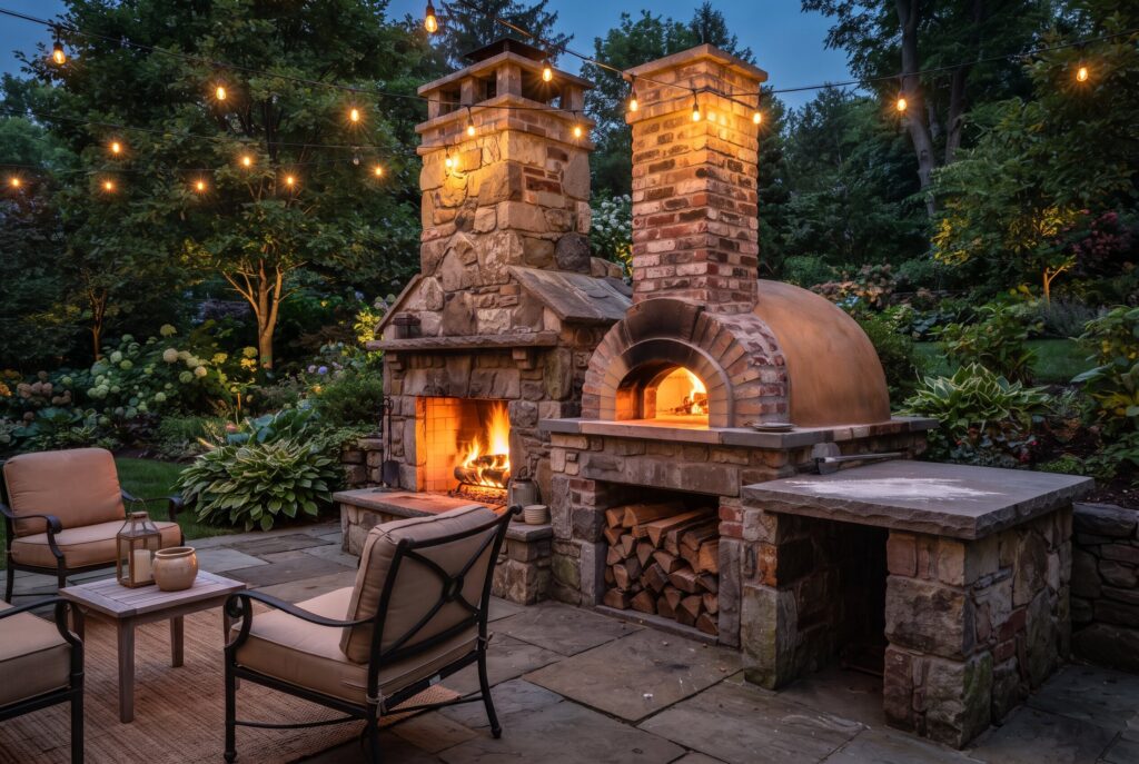Outdoor fireplace with pizza oven and rustic stone outdoor kitchen design.