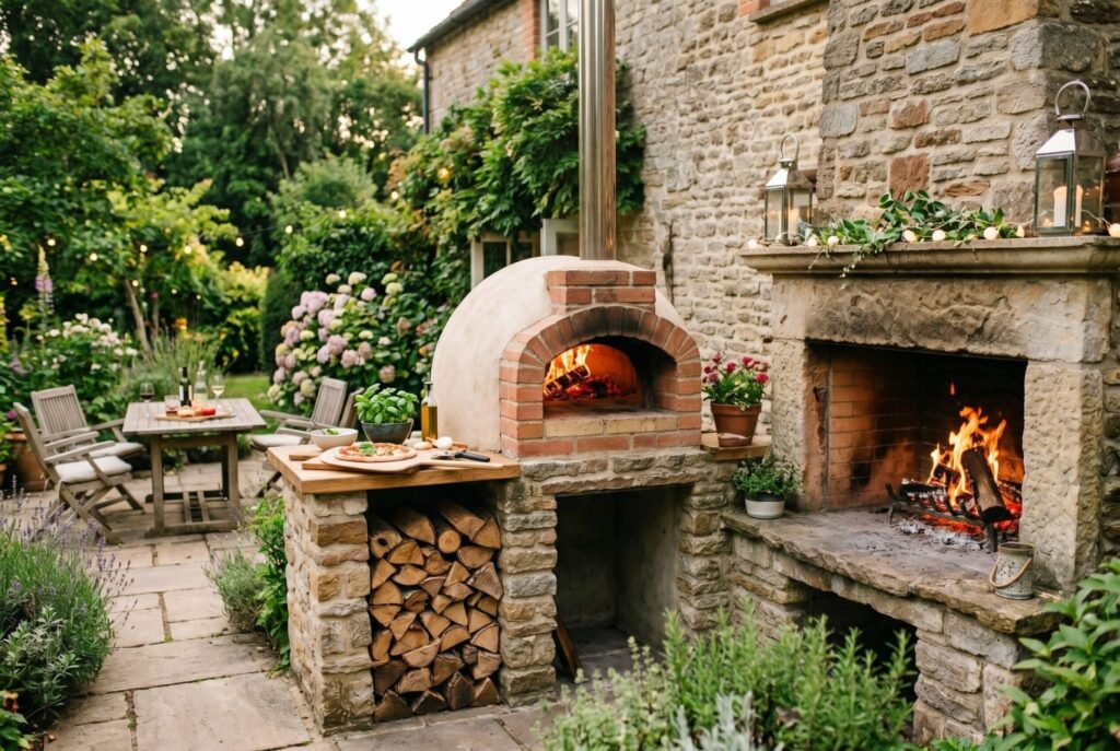 Outdoor fireplace with pizza oven and rustic stone outdoor kitchen design.