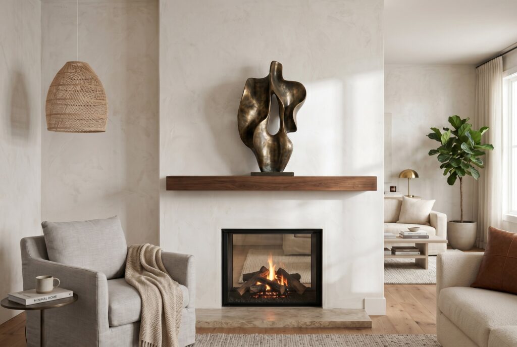 Minimalist fireplace mantel ideas with sculptural decor above modern linear fireplace design. 