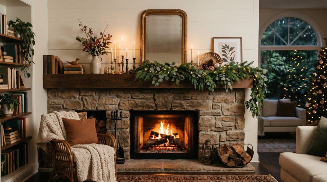 Rustic stone fireplace mantel ideas with greenery, candles, and cozy living room fireplace decor.