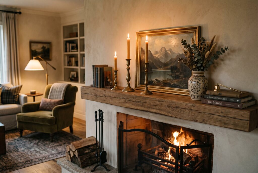 Brass candlesticks layered on rustic wood fireplace mantel with vintage fireplace decor ideas. 