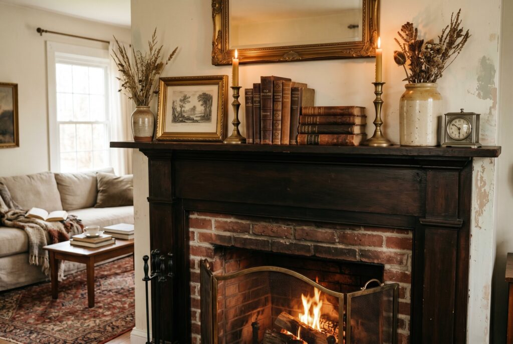 Vintage fireplace mantel decor ideas with antique books, candles, and classic brick fireplace. 