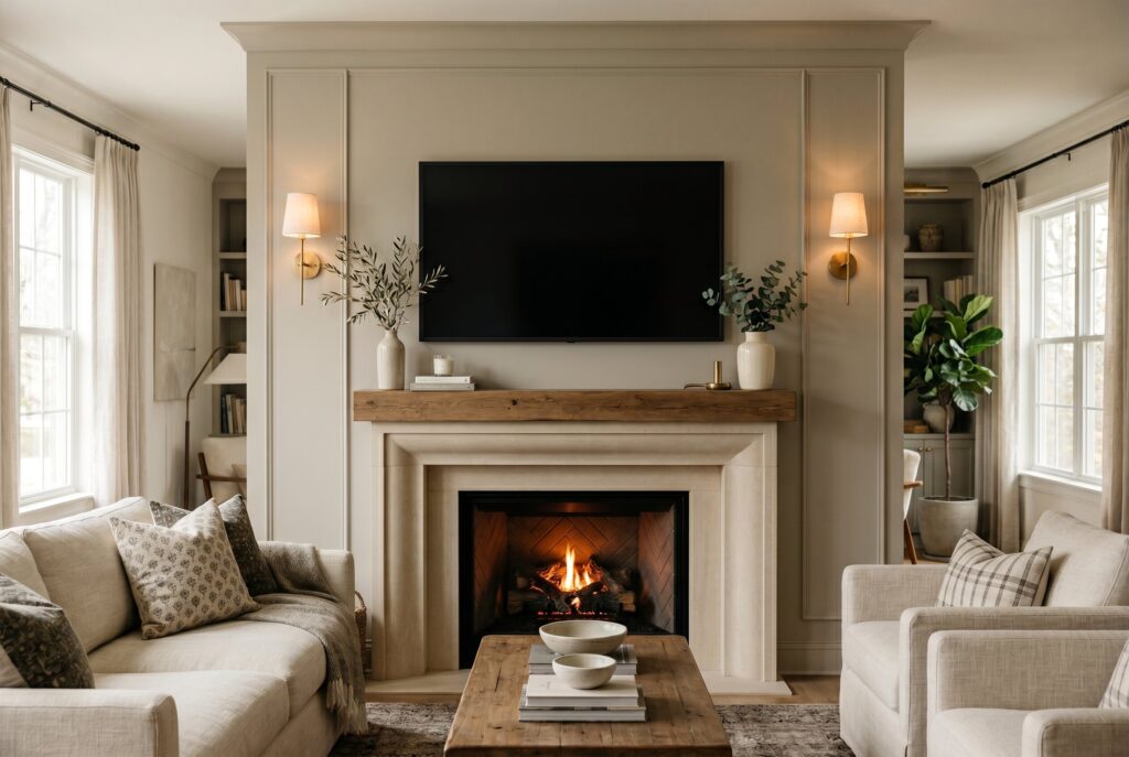 Fireplace mantel ideas with TV above fireplace and symmetrical neutral decor styling. 