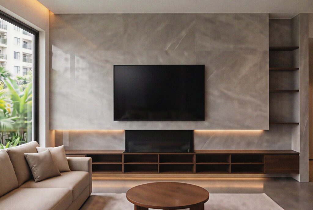 Large format porcelain tile fireplace wall ideas with TV and seamless media storage.