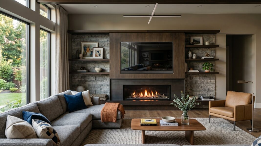 Modern fireplace wall ideas with TV, floating shelves, and sleek stone fireplace surround.