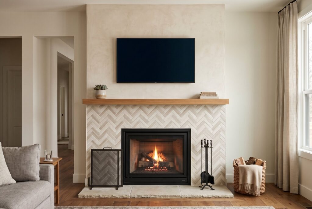 Herringbone fireplace tile ideas with smooth plaster wall and mounted TV above fireplace.
